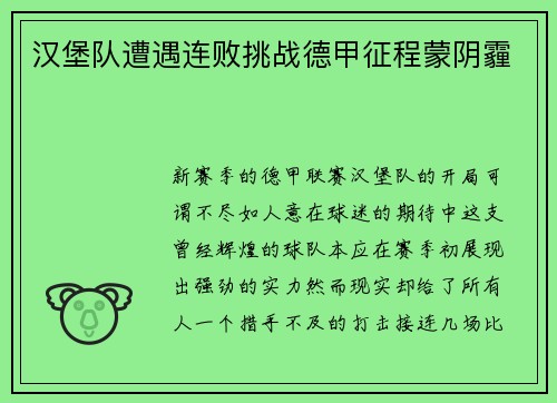 汉堡队遭遇连败挑战德甲征程蒙阴霾